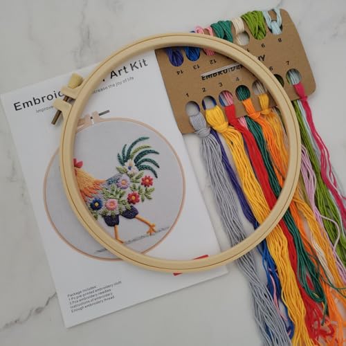 Image of Esffaci Embroidery Starter Kit for Adult Beginner with Funny Rooster Flowers Pattern Hand Embroidery Set with Cloth Hoop Needle Threader Floss and Instruction