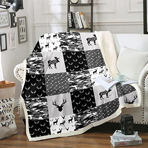 Camouflage Fleece Blanket Boys Camo Deer Plush Bed Blanket Twin Size Kids Boho Chic Antlers Throw Blanket Teens Bohemian Grunge Arrows Animal Sherpa Blanket For Bedroom Sofa Couch, Grey Black White #TOP1