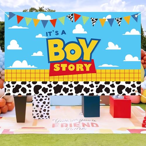 Image of Boy Story Baby Shower Decorations Backdrop Banner,It's A Boy Stroy Large Size 3 x 5Ft Toy Cloud Backdrop Banner Decor