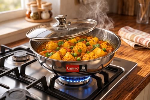 Image of Camro Stainless Steel Tasla 8 Litre 34 Cm | Triply Honeycomb Extra Deep Tasla with Lid | 3-Layer Body | Tri ply Kadai Cookwear Taslas for Cooking | Induction & Gas Stove