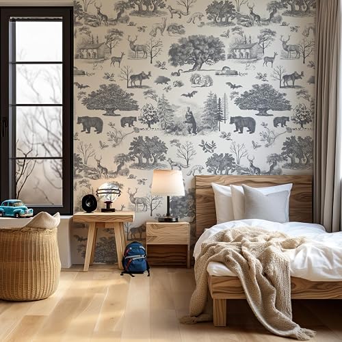 Rollsrolla Toile Wallpaper Black And White Woodland Farmhouse Wallpaper Peel And Stick Wallpaper Cute Wallpaper For Teens Boys Room And Nursery thumb #1