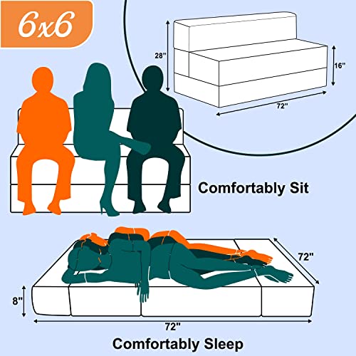 Image of Los Angeles Foldable Four Seater Sofa Cum Bed, Sofa Bed 6 X 6 Ft, Jute Fabric Washable Cover- Including Four Cushion Perfect for Living Room - Blue Color
