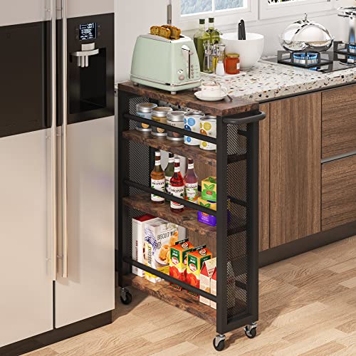 Tribesigns Slim Storage Rolling Cart,Narrow Serving Trolley Cart On Wheels,Utility Carts With Handle For Small Space,4 Tiers Kitchen Cart,Wood Cart With Wheels For Kitchen,Brown #TOP26