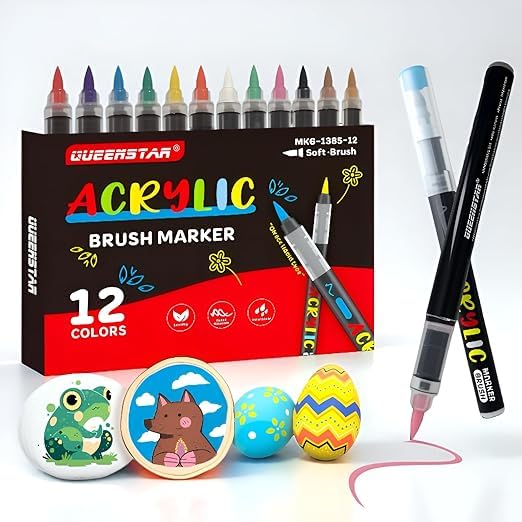 Image of Wafeeq Acrylic Paint Pens Set, Colors Acrylic Brush Markers, 1-5mm Medium Tip, Water-Based & Non-Toxic, Permanent on Rock, Wood, Canvas, Glass, Ceramic & Paper (12)