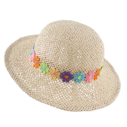 Baby Girl Straw Hat 3-6 Years Girls Summer Beach Hats with Bowknot Sun Protection Hats for Kids (52cm Colorful Flowers-Beige)