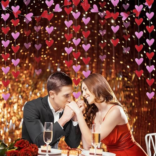 Image of Valentines Day Decorations Glitter Pink Red Heart Garland Banner, 2Pcs Heart Streamers Valentines Banner for Outdoor Indoor Home Galentines Day Anniversary Wedding Decor