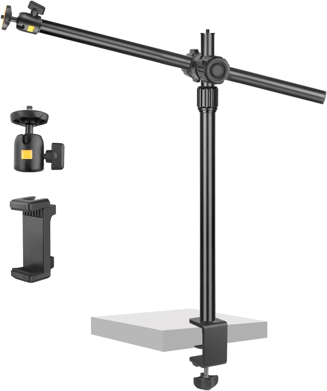 OS02 Supporto da tavolo per Fotocamera, 31 – 97 cm, Regolabile, per DSLR, Treppiedi con Braccio Flessibile e Testa a Sfera da 1/4" per Fotocamera, Luce ad Anello Live Streaming