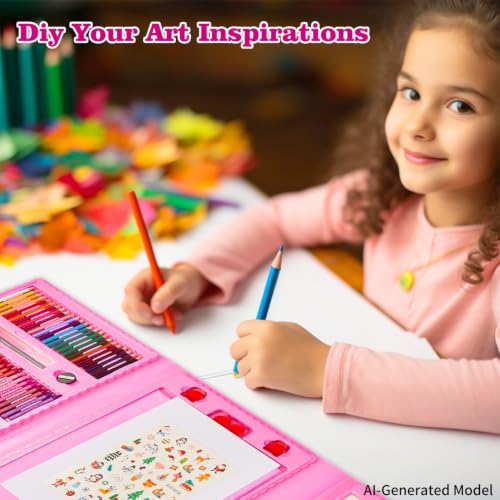 Image of KINSPORY Art Set for Kids, 290 Pack Double-Side Easel Drawing Kits (Pink) | Creative Gift, art & crafts supplies, Coloring, oil pastel, crayon, colored pencil, watercolour pen, Beginner Artist Girl Boy