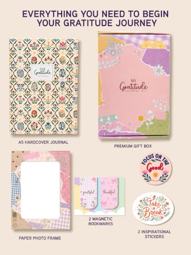 Image of DOODLE My Gratitude Journal Kit | A5 Hardcover Gratitude Journal | 132 Guided Pages for Daily Gratitude, Mindfulness & Self-Care | Wellness Journal with Premium Gift Box, Photo Frame, Magnetic Bookmarks & Inspirational Stickers (Flourish Garden)