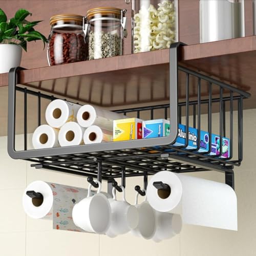 吊り下げ棚 吊り下げラック キッチン収納 戸棚下収納ラック (ブラック(フック付き))