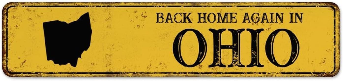 peiyeety Vintage Back Home Again in Ohio Metal Tin Sign, USA State Art Poster, Midwestern Accent for Home Outdoor Restaurants Garden Bar Man Cave Zones 4x16 Inch