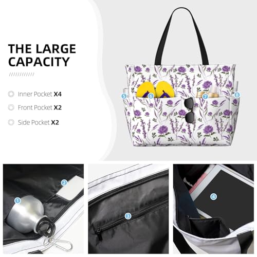 Large Beach Bags Water-resistant Sandproof - Lavender Flowers Fujiman Cute Beach Tote Bags for Women with Zipper3