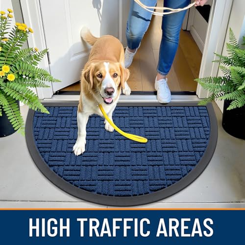 Image of OLANLY Half Circle Door Mat Outside Entrance 29.5x17, Absorbent, Heavy Duty Sturdy Natural Rubber Doormat Indoor Outdoor, Fade Resistant, Non-Slip Backing Low Profile Floor Mat for Entryway, Navy Blue