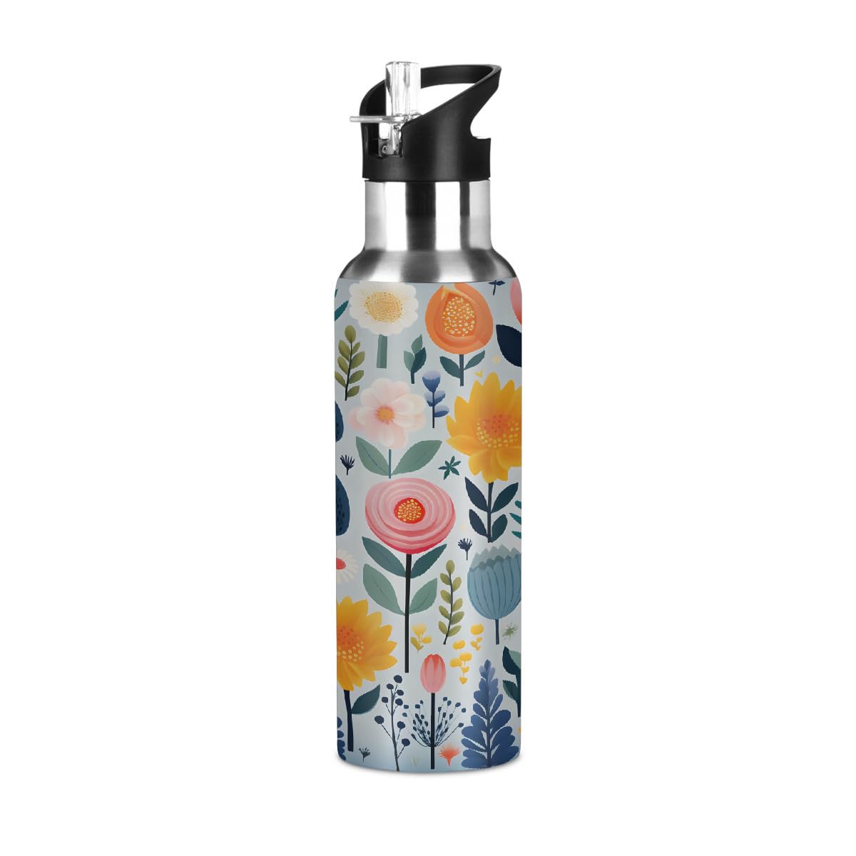 Mexpekil Sports Water Bottle with Straw, Double Wall Insulated Stainless Steel Bottles, Reusable Leakproof Drink Flask for Gym, Work, Travel(Cute Rose Sunflower) — image 1