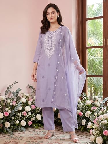 Image of INDO ERA Women's Silk Blend Solid Straight Kurta with Pant & Dupatta Set