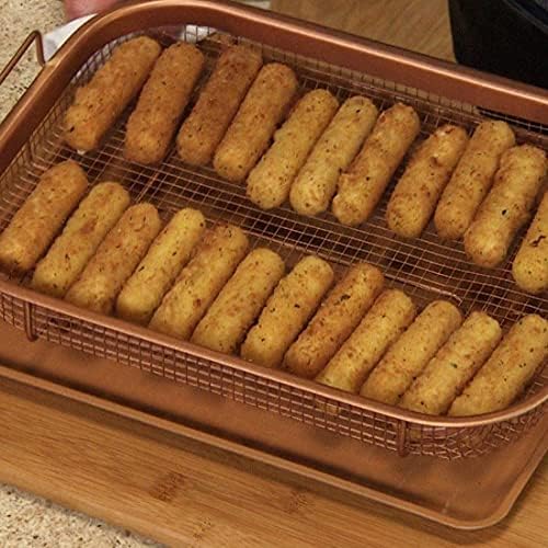 Copper Crisper Tray Set  Premium 2pc Non-Stick Oven Baking Tray with Elevated Mesh Crisping Basket and Handles - Even Healthy Oil Home Kitchen Cooking (Rectangle - Large)