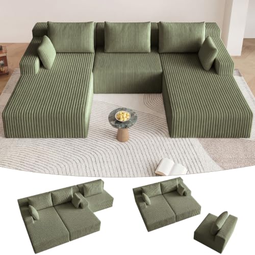 Image of 107 inch Modular Sectional Sleeper Sofa, Boneless Cloud Couch for Living Room, U Shaped 3 Seat Sofa with Deep Seat, Free Combination, Couch in a Box, No Assembly Required (Green)