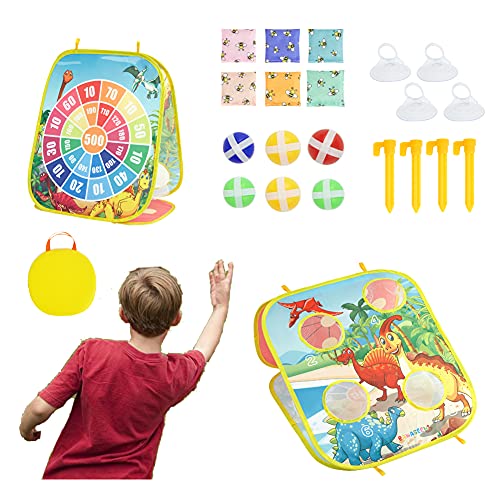 Bean Bag Toss Game for Kids - Double Sided Cornhole Board Dinosaur Themed 4 Corn Holes - Portable Bag for Easy Carrying Bean Bag Toss Game for Kids - Double Sided Cornhole Board Dinosaur Themed 4 Corn Holes - Portable Bag for Easy Carrying