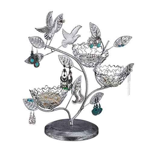 Relaxdays Expositor Pendientes Árbol, 88 Agujeros, 3 Cuencos para Anillos, Hierro, Joyero Vertical 34x39x15cm, Plateado