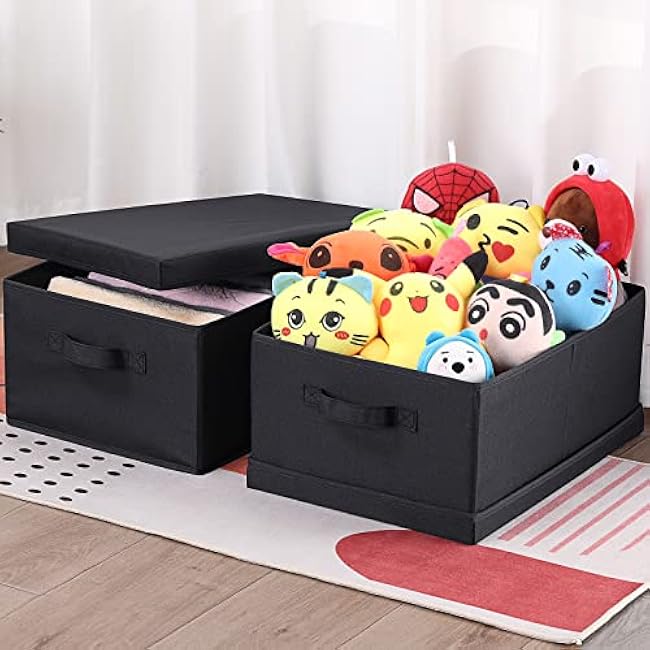 HOONEX Storage Bins with Lids for Organizing, Pack of 2, Storage Boxes with 2 Carrying Handles and Sturdy Heavy Cardboard, 16.5 L x 11.8 W x 7.5 H for Shoes, Books, Clothes, Black