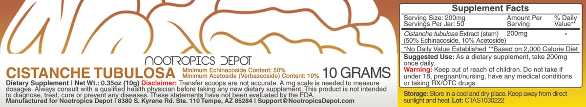 Nootropics Depot Cistanche tubulosa Powder | 10 Grams | Minimum 50% Echinacoside + 10% Acetoside (Verbascoside) | May Help Promote Physical Strength and Energy | May Help Promote Vitality