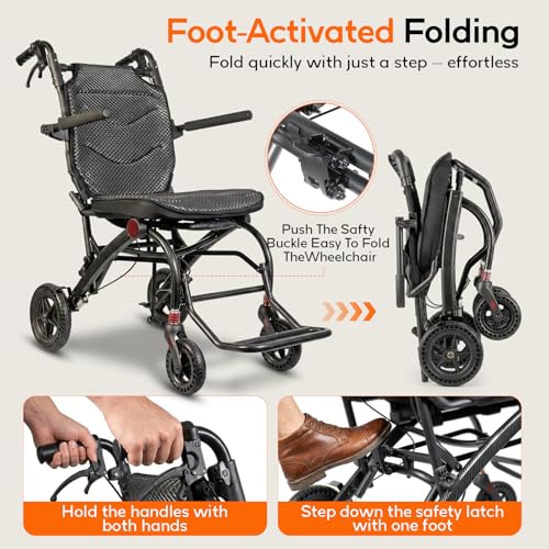Image of SOFTFISH Transport Wheelchair with Ergonomic Seat & Pull Rod, 1s Foot-fold Wheelchairs for Adults with Foldable Armrest & Footrest, Carbon Fiber Aluminum Frame Travel Transport Chair for Seniors