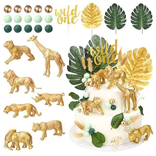 Safari Animal Dinosaur Cake Topper, Wild 1st Birthday Decorations for Boys Gold Animal Figurines One Two Three Birthday Cake Decoration for Wild Themed Birthday Baby Shower Party (Safari Animal, 31 Pcs)