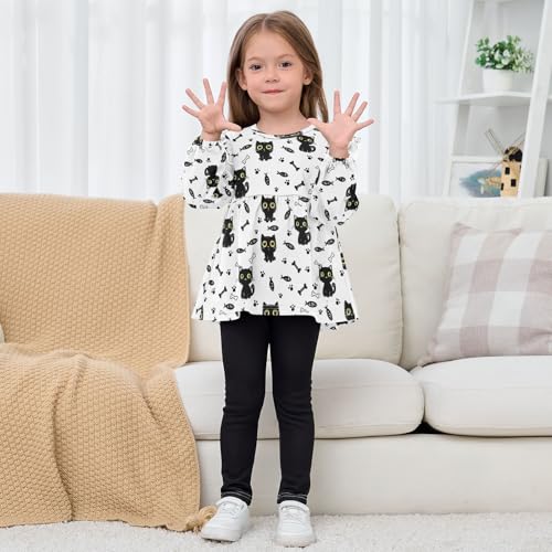 Black Cat Footprint with Fishes Girls Shirts Cotton Long Sleeve Ruffle Toddler Tee Tops 7