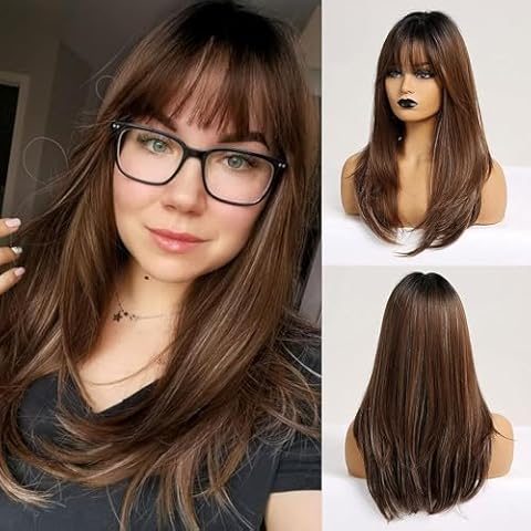 HARICUBE Long Straight Layered Wig with Bangs Cover