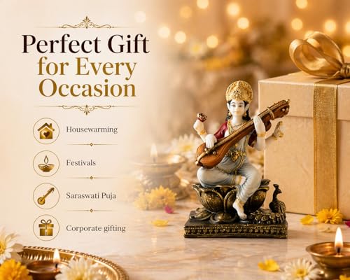 Image of ARMONIA Saraswati Devi Idol with Veena 7.8 Inch Home Decor |Polystone Figurine Marble Looks|Maa Saraswati Murti for Pooja,Mandir,Showpiece & Gifting Item|Best Religious Gift for Wedding & Housewarming