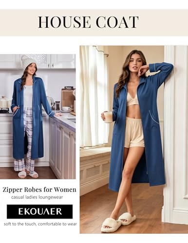 Image of Ekouaer Zipper Robes for Women Long Sleeve Lightweight House Coats with Pockets Zip Up Bathrobe Loungewear S-3XL