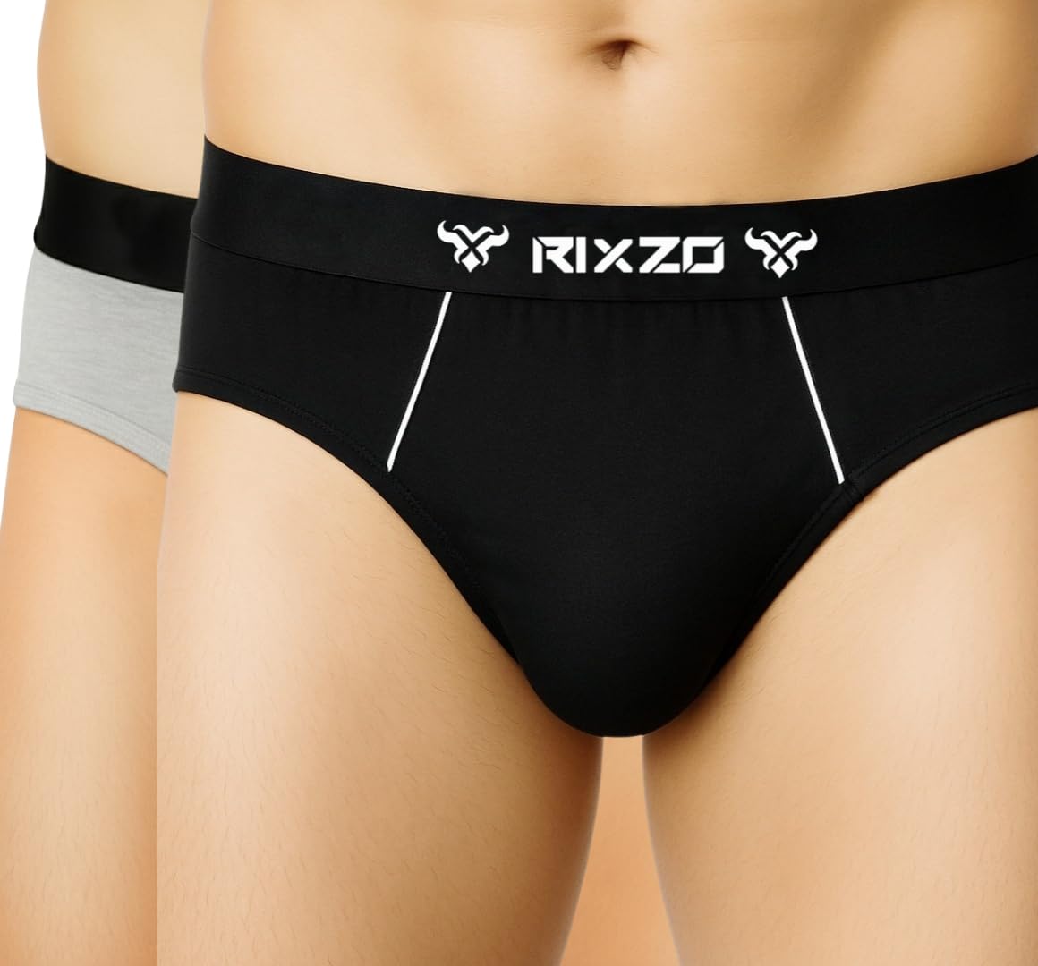 rixzo Men's Cotton Briefs - 100% Cotton (Pack of 2) Grey Melange and Black Color Combo Outer Elastic Breif-picture-21