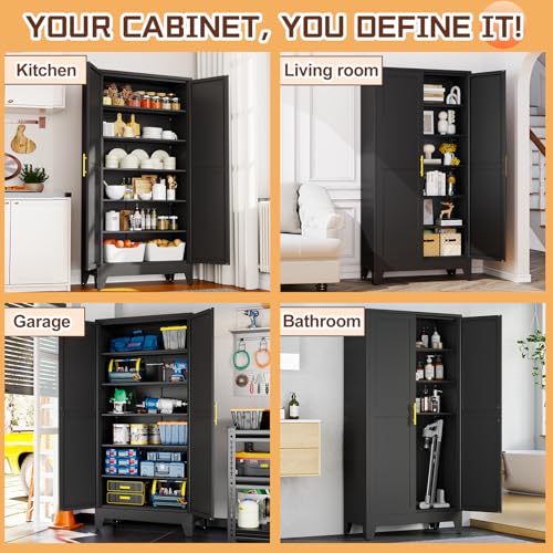 Image of PAOFIN 75 inch Metal Kitchen Pantry Cabinet, Storage Cabinet with Doors and 5 Adjustable Shelves, Cabinet with 2 Metal Handles,Tall Cabinet for Livingroom,Pantry, Bathroom,Kitchen Black