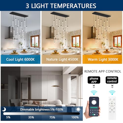 Image of Rectangular Chandeliers 17-Lights Long Light for Entryway LED Dimmable Chandeliers Lighting Fixture Flat Sloped High Ceiling Pendant Lights Crystal for Living Room Foyer Hallway Staircase Black
