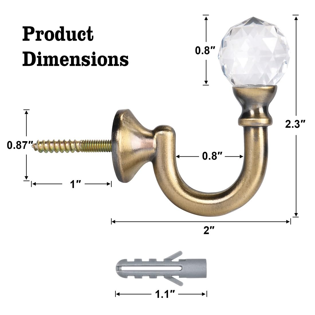 Heavy Duty Decorative Metal Curtain Holdback Hooks, Wall Mounted, Crystal Knot Pulls for Curtain Rods, Set of 2, Brushed Brass (Ant Brass-2SET)