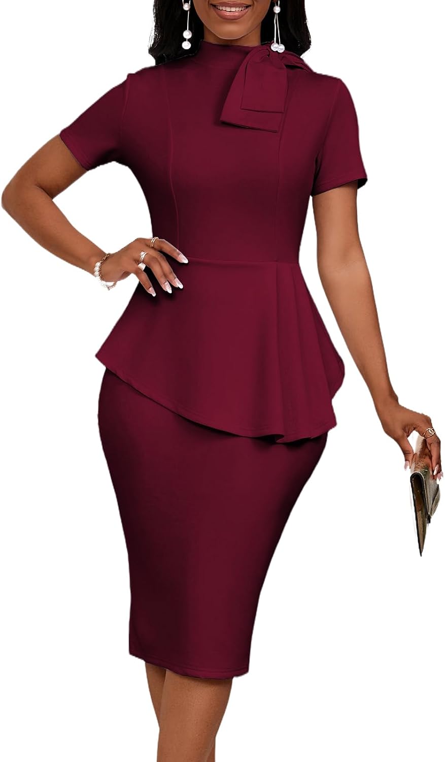 WanMem Women Formal Bodycon Peplum Cocktail Dress Short Sleeve Bow Ruffle Pencil Party Midi Dresses - Image 5