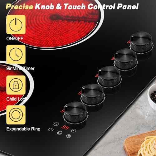Image of 36 Inch Electric Cooktop 5 Burner 8400W Electric Stove 30'' Built-in Ceramic Stovetop with Knob Control, 9 Power Level, Safety Lock, Expanded Ring, 220V-240V Hard Wird (No Plug)