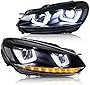 VLAND Projector LED Headlights Assembly for [Volkswagen Golf 6 VW 2010 2011 2012 2013 2014] with Sequential Turn Signal, Dual Beam Lens, Bright White DRLs, YAA-GEF-0197AH (Set)