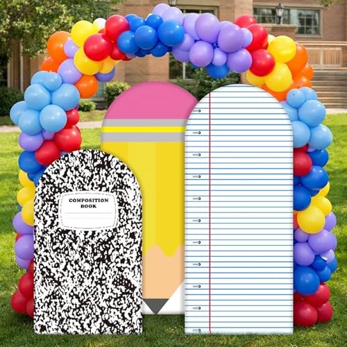 Wesnoy 3 Pack Back to School Decoration 6.6ft 6ft 4.9ft Composition Notebook Arch Backdrop Cover Notebook Pencil Fitted Round Top Arch Stand Cover First Day of School Background for Welcome Back Party