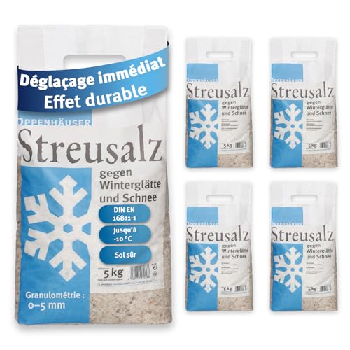 OPPENHÄUSER Sel de déneigement 25kg : efficacité immédiate et durable, DIN EN 16811-1, sel d épandage contre le verglas, pour trottoirs, allées et parkings, granulométrie M, qualité premium, 5x5kg
