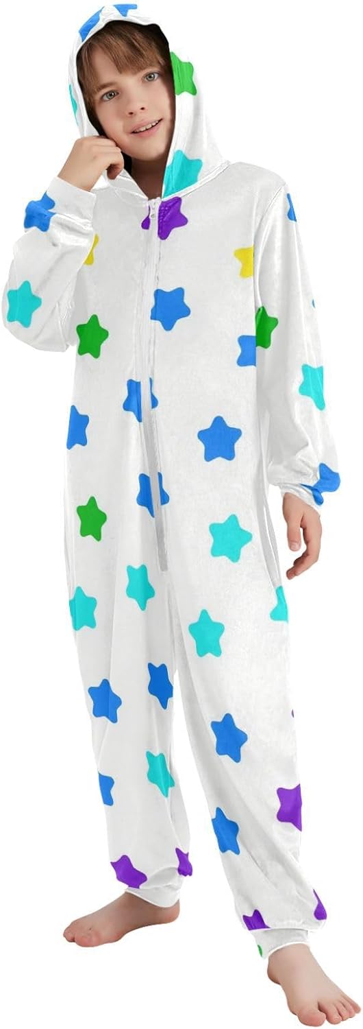 Colorful StarsOnesie PajamasSoft Cozy Hooded One-Piecing Loungewear Sleepwearfor Christmas Home