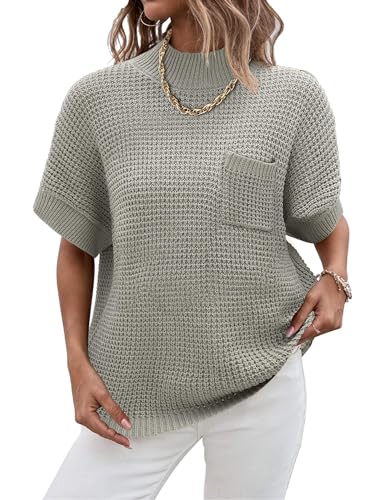 Image of Women 2026 Sweater Vest Mock Neck Batwing Short Sleeve Oversized Ribbed Knit Tops Fall Pullover Sweater S-XXL