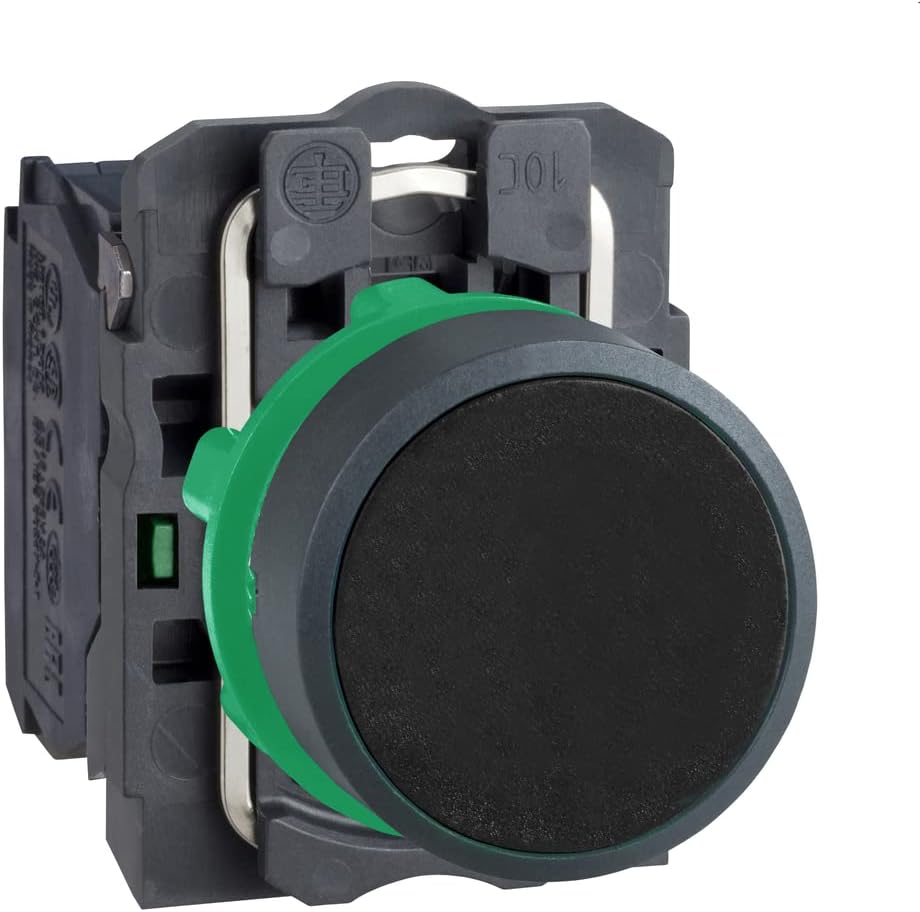 Schneider Electric XB5AA21 Push Button Switch for Industrial Machinery, Plastic Bezel, Fits 22mm Diameter Cutouts, Spring Return, 1NO, Black Flush