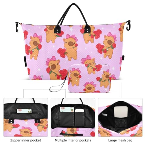 Capybara Roses Bow Cartoon Sports Gym Bag for Women Men Travel Duffel Bag Weekend Overnight Carry on Bag with Toiletry Bag for Yoga Swimming Hospital Plane2