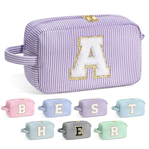 Image of YOOLIFE Gifts for Women Teen Girls - Initial Makeup Bag Cosmetic Bag Toiletry Pouch, Personalized Birthday Gifts for Women Girls Mom Daughter Sister Friends, Purple A