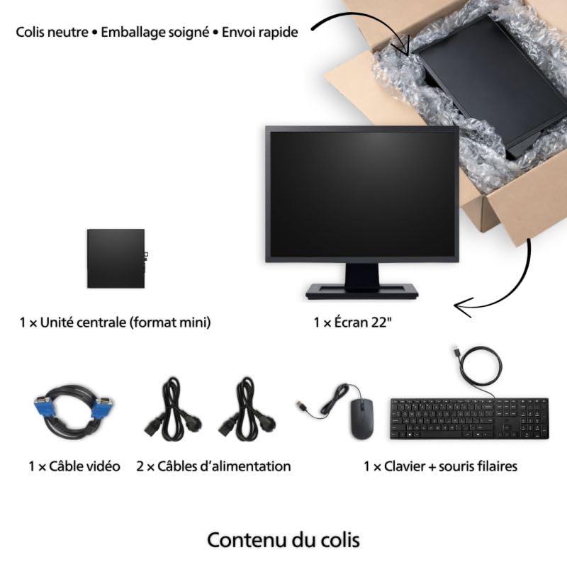 Monsieur CyberMan Mini PC 8e Gen 16Go RAM 500Go SSD Windows 11 Pro WiFi avec Écran OpenOffice (Reconditionné) (I3-8100T, 19")