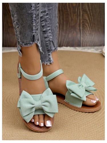 Image of GORGLITTER Women's Bow Flat Sandals 2026 Dressy Cute Ankle Strap Slides | Summer Shoes for Women 2026, Slip On Open Toe Flats, Slingback Slides, Vacation Dress Sandals