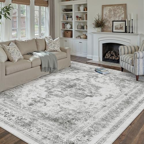 Washable Rug 8x10 Area Rug for Living Room Gray Vintage Boho Medallion Large Grey Distressed Retro Carpet Non Slip Indoor Low Pile Small Soft Bedroom Dining Room Home Office
