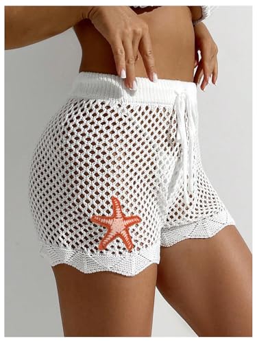 Verdusa Women's Star Crochet Sheer Bathing Suit Cover Up Shorts Drawstring Waist Bikini Bottoms2