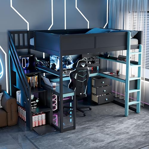 Image of Harper & Bright Designs Full Size Loft Bed with Desk and Storage Stairs, Shelves & Pegboard, Wooden Gaming Loft Bed Frame for Teens Adults Kids, Black+Blue